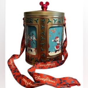 Disney Christmas Gold Tin with Red Mickey Topper (Plays Music!)